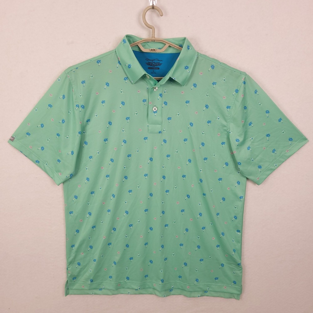 Straight Down Polo Shirt Mens Large Green Tropical Palm Tree Golf Performance